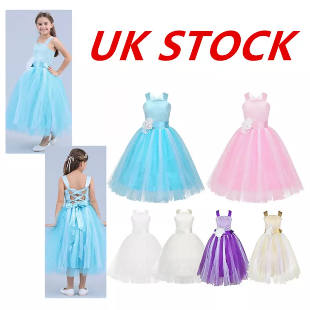 UK Floral Lace Dress Girls Kid Tulle Wedding Birthday Party Holly Communion Maxi