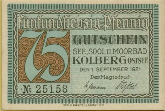 4735: Banknote Notgeld Gutschein 75 Pfennig Kolberg Ostsee Pommern 1921