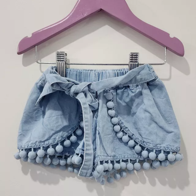 Size 2 / 18-24 Months SEED Baby Girls Light Blue Denim Pom Pom Shorts Preloved