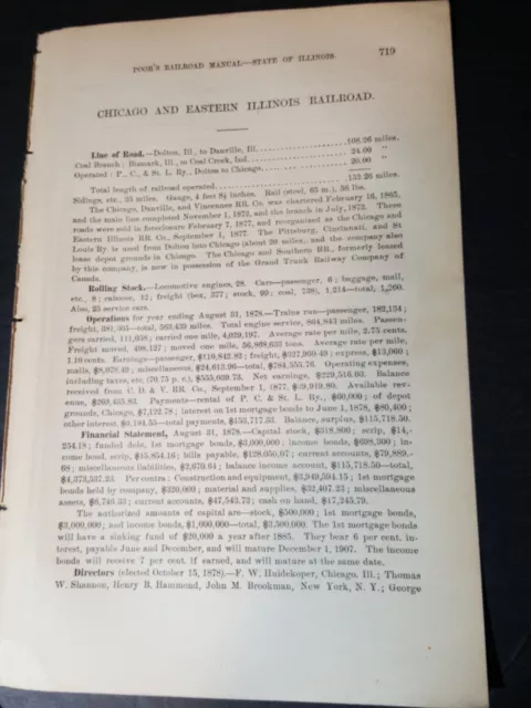 1879 train report CHICAGO & EASTERN ILLINOIS RAILROAD Dolton DANVILLE ILLINOIS