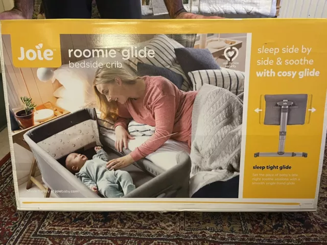 RRP £160Joie Roomie Glide Bedside Infant Crib Travel Cot Co-Sleep Dropdown Grey