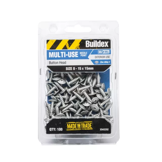Buildex 8-15 x 15mm Zinc Alloy Button Head Needle Point Screws - 100 Pack