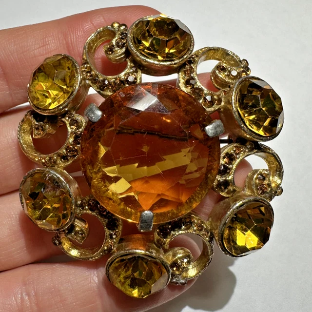 Broche Spirale Verre Facetté Topaze Citrine Strass - Vintage - Alliage Doré
