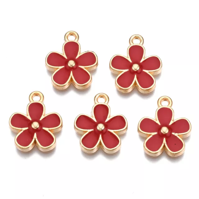 100pcs Red Alloy Enamel Flower Pendants Mini Metal Hang Dangle Charms 15.5x13mm