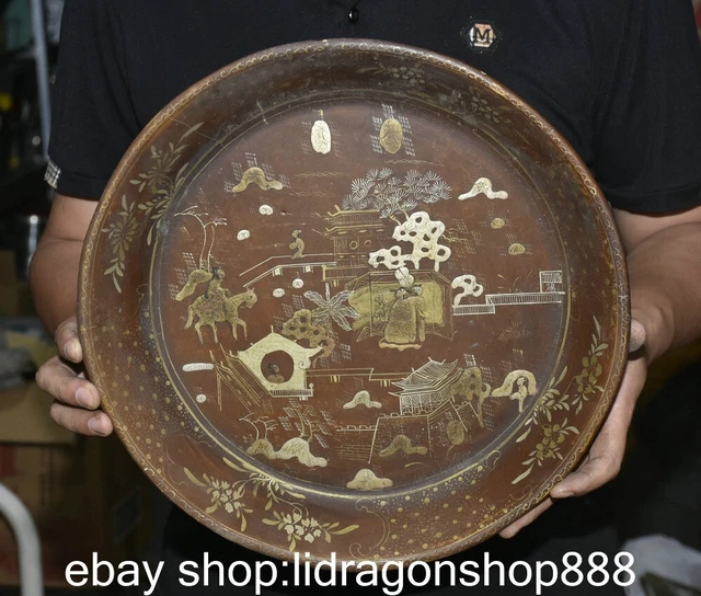 12.8 "Chine ancienne corne de vache sculptée cheval maison tableau
