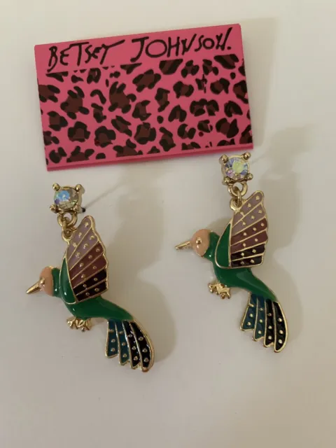 Betsey Johnson rare rhinestone green birds drop earrings-BJ80116