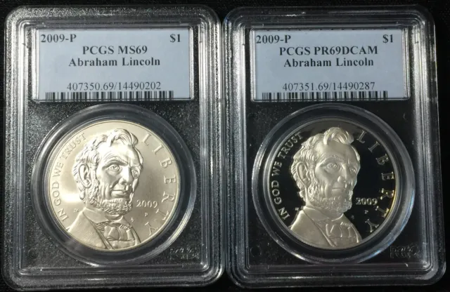 2009-P Pcgs Pr69 Proof And Unc Lincoln Commemorative Silver Dollars ~ 2 Coin Set