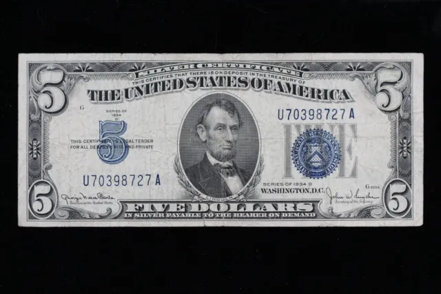 $5 1934D blue seal Silver Certificate Circulated U70398727A Exact Note Shown