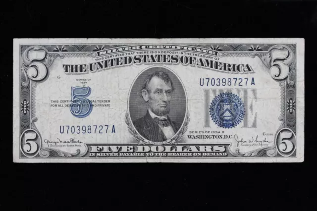 $5 1934D blue seal Silver Certificate Circulated U70398727A Exact Note Shown