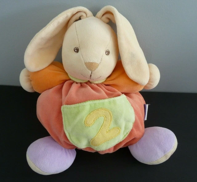 74- DOUDOU BOULE KALOO LAPIN ORANGE MAUVE ROUGE ROSE 25cm POCHE VERT 2 EXC. ETAT