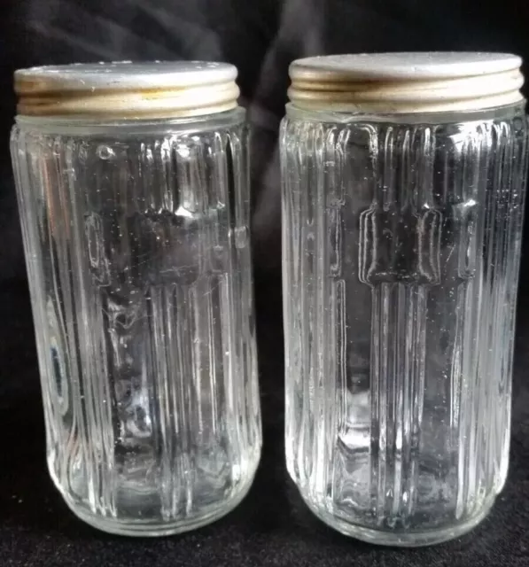 2 Antique Hoosier Cabinet Blank Paneled Glass Jars With Aluminum Lids Bubbles