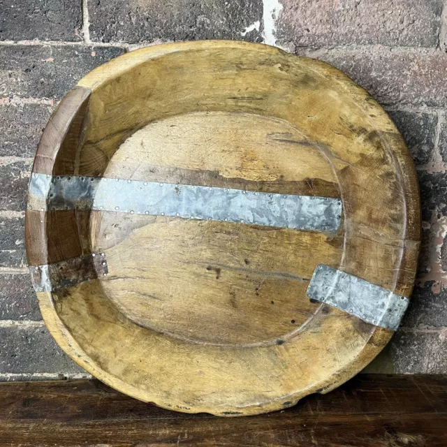 Antique Wooden Dough Bowl - Huge 19” Vintage Wooden Dish - Rustic Carved Bowl