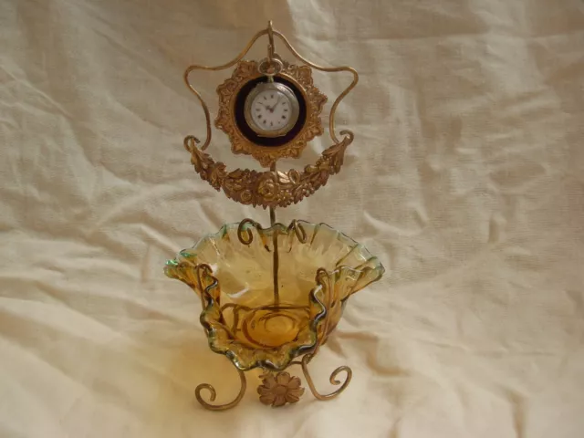 ANTIQUE FRENCH BRASS,GLASS POCKET WATCH HOLDER,PIN TRAY,LATE 19th CENTURY
