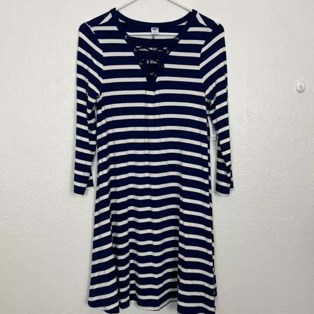 Old Navy Women's Small Swing Dress Long Sleeve Cobalt Blue/White Lace Up NWT