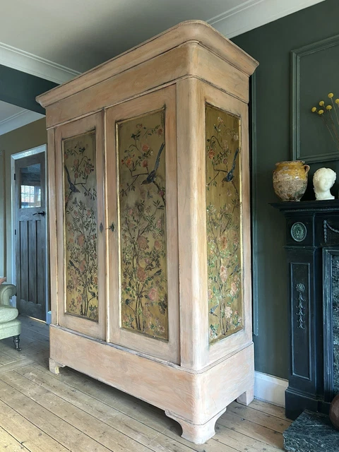 Vintage Painted Pine Armoire / Wardrobe With Inlaid Chinoiserie