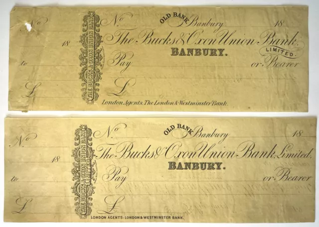 19th Century The Bucks & Oxon Union Bank Banbury Blank Cheques (W1)