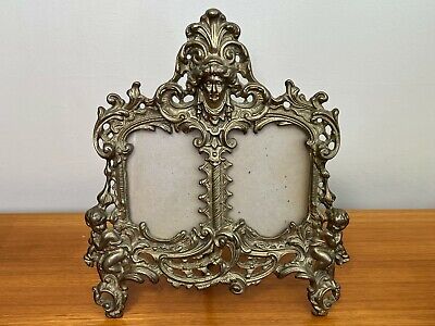Vintage Bronze Cherub Victorian Style Easel Double Picture Frame, 12 1/4" Tall
