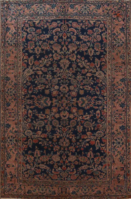 Pre-1900 Navy Blue Vegetable Dye Saroouk Antique Rug 4x7 Wool Hand-knotted Rug
