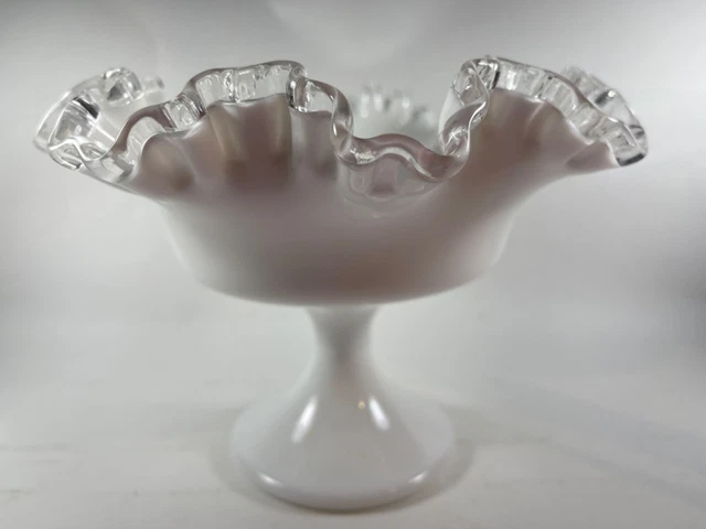 Vintage Fenton Milk Glass Ruffled Candy Dish Pedestal Compote Silvercrest Edge