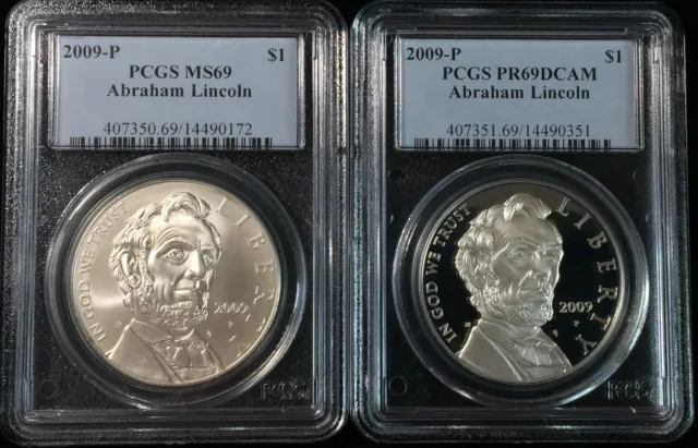2009-P Pcgs Pr69 Proof/Unc Lincoln Commemorative Silver Dollars 2 Coin Set #172