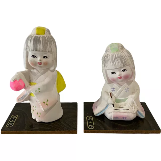 Vintage Japanese Hakata Doll Geisha Figurines x 2 + Stands  Porcelain Ceramic