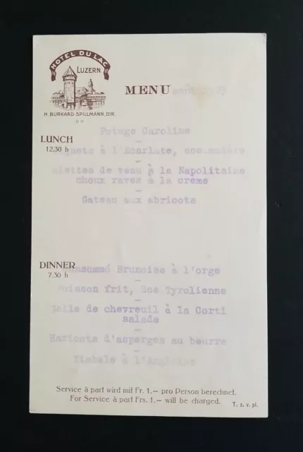 Antique Swiss Hotel Du Lac 1925 MENU ~ Luzern ~ Lake Hotel ~ Switzerland