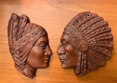Pair of Vintage Native Squaw & Indian Head Wall Plaques • 4x4.5" Chalkware