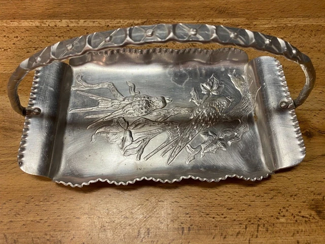 Vintage Aluminum Tidbit Dresser Tray Birds on Branch Leaves Mid Century Modern