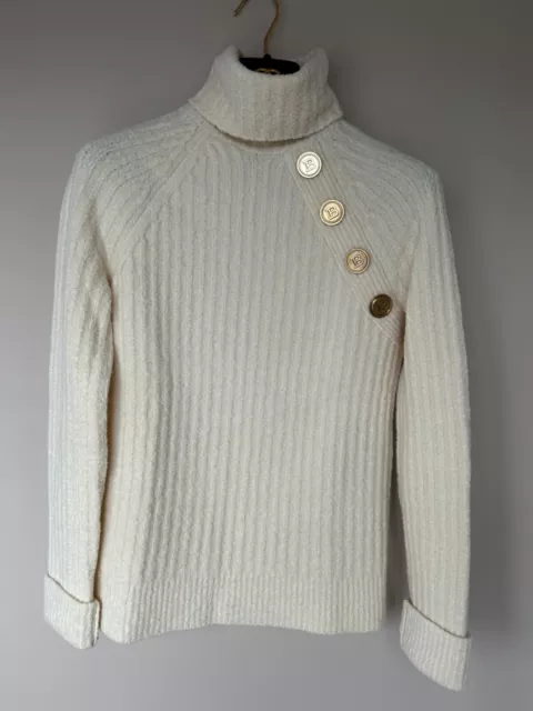 Mint 100%Auth Balmain Ivory Wool/Silk Boucle Rib Knit Turtleneck Sweater Size 36