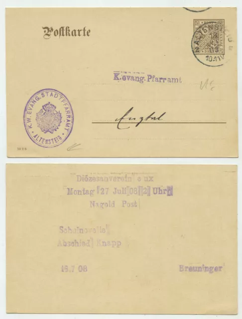 95480 - Ganzsache DP 34 - Dienstpostkarte - Altensteig 18.7.1908 nach Enztal