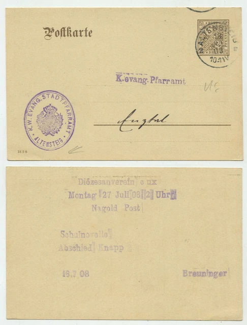 95480 - Ganzsache DP 34 - Dienstpostkarte - Altensteig 18.7.1908 nach Enztal
