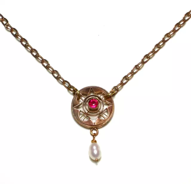 Jugendstil Collier Kette, Rubin, Fluss Perle, Antik 1900 rose Gold Double (02)