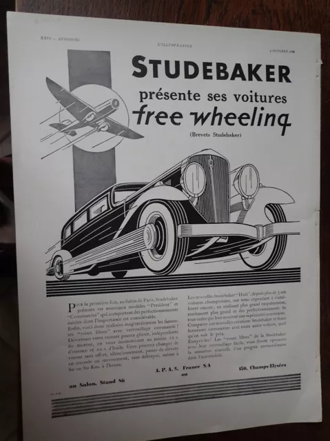 STUDEBAKER FREE WHEELING voiture + UNIC publicité papier ILLUSTRATION AUTO 1930