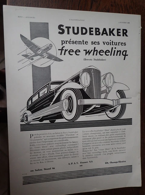 STUDEBAKER FREE WHEELING voiture + UNIC publicité papier ILLUSTRATION AUTO 1930