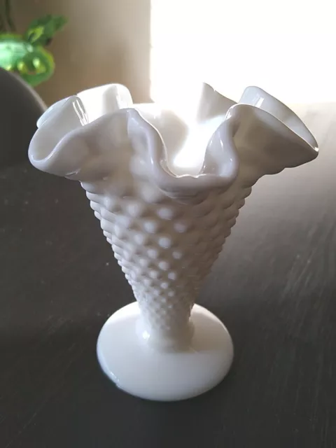 Vintage Fenton Small White Milk Glass Ruffle Top Hobnail Vase