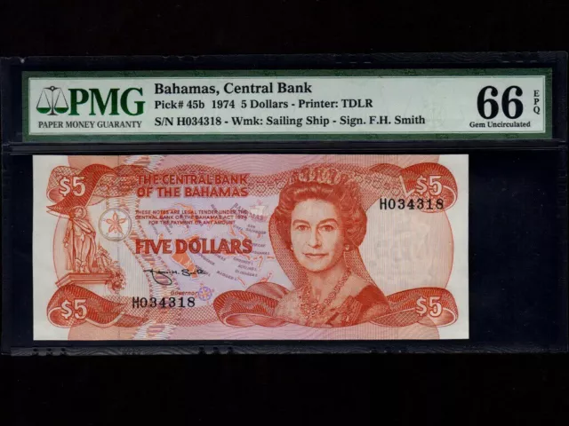 Bahamas:P-45b,5 Dollars, 1974(1984) * Queen Elizabeth II * PMG Gem UNC 66 EPQ *