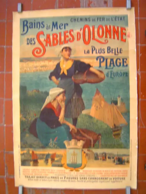 AFFICHE litho ancienne : LES SABLES D' OLONNE - PLAGE / CHEMINS DE FER / TRONCY