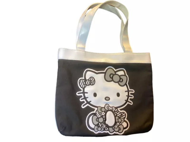 Sanrio Hello Kitty Black Canvas Tote Bag White Accents Faux Leather Straps