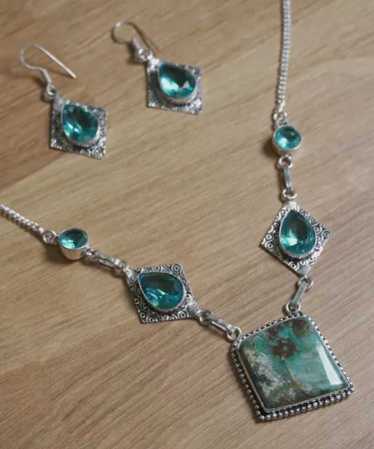 Artist Handmade Turquoise Chrysocolla and Blue Topaz Necklace and Earrings Set