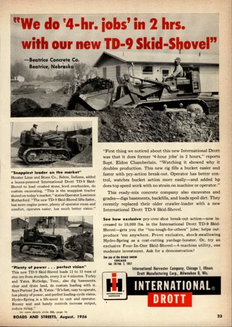 1956 International Harvester Drott Print Advertisement: TD-9 w Drott Skid Shovel