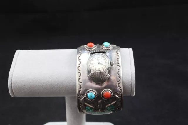 Vintage Signed Navajo Turquoise Coral Inlay Sterling Silver Watch Cuff Bracelet