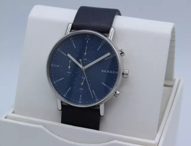 New Authentic Skagen Signatur Chronograph Silver Blue Leather Mens Skw6463 Watch