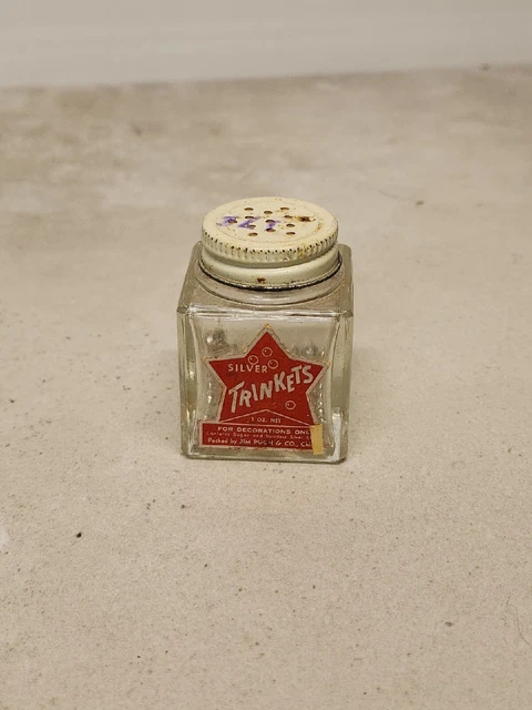 U3 Vintage SILVER TRINKETS Glass  Container Shaker w/ Lid & Label B42