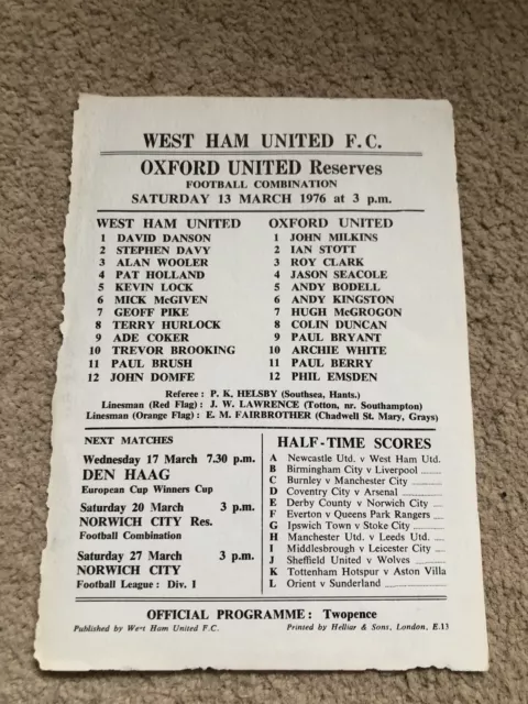 West Ham Res v Oxford Utd Res 1976-77 Football Combination