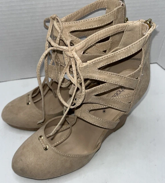 Women's, size 7.5, Shawnna, Wedge, Pump, Gladiator. Tan Suede, Heel.