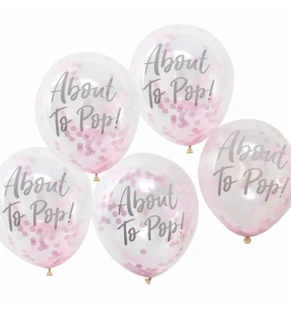 About To Pop ! Ballons confettis roses bébés filles baby shower fête - lot de 5