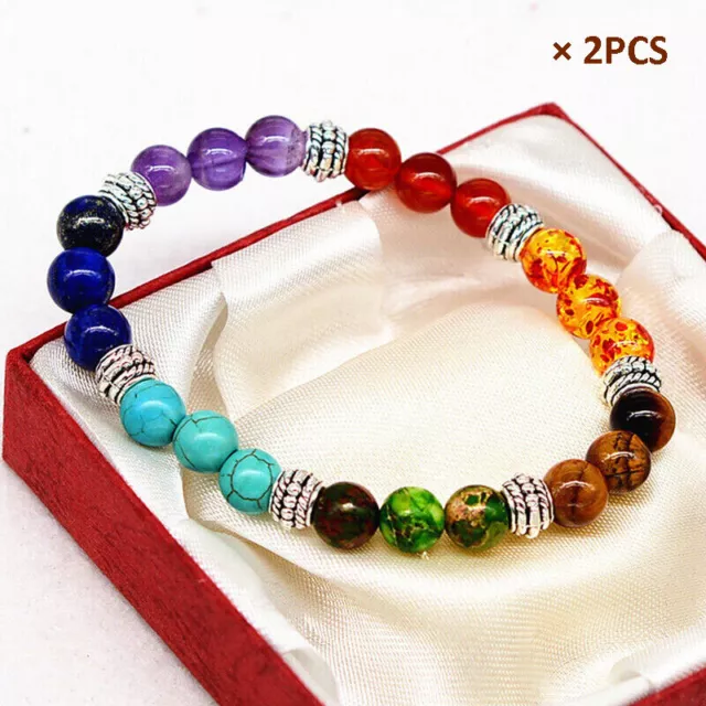 Crystal Gemstone Bracelet Bead 7 Chakra Natural Stone Stretch Reiki Jewellery ×2