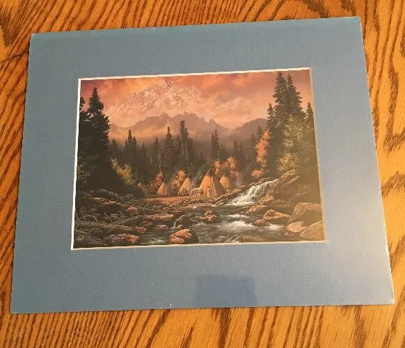FRANK MILLER Matted/Sealed Art Print, Mountains, Indians, Tee Pees - Blue Mat