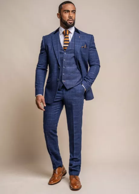 Mens Cavani 3 Piece Suit Check Blue Tweed Vintage Slim Fit Formal Wedding Suit