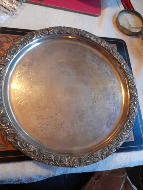 Round silver plate ornate Leaf Design  Tray pies Cakes Wine Present